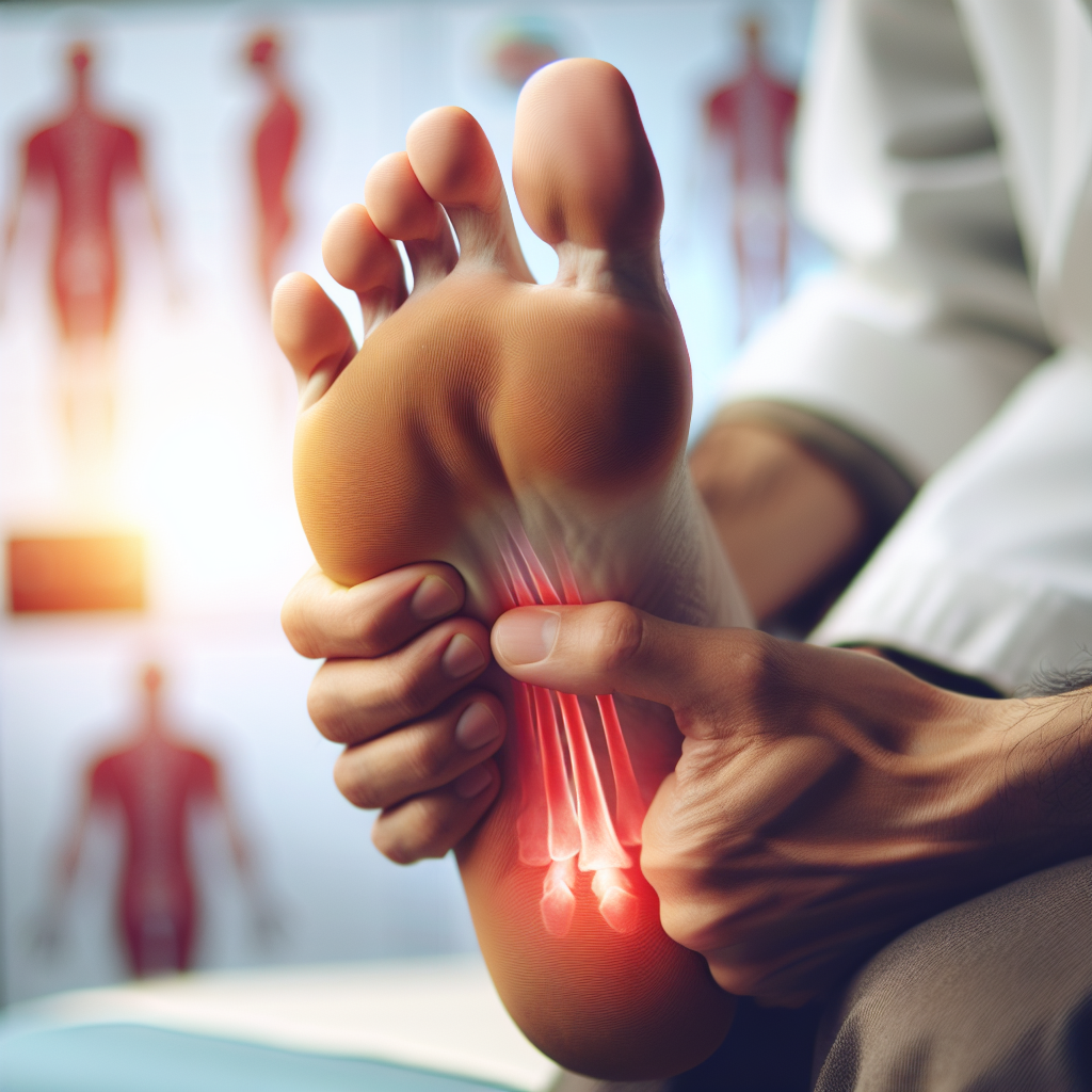 "Close-up of a foot showing heel pain, illustrating symptoms of plantar fasciitis."